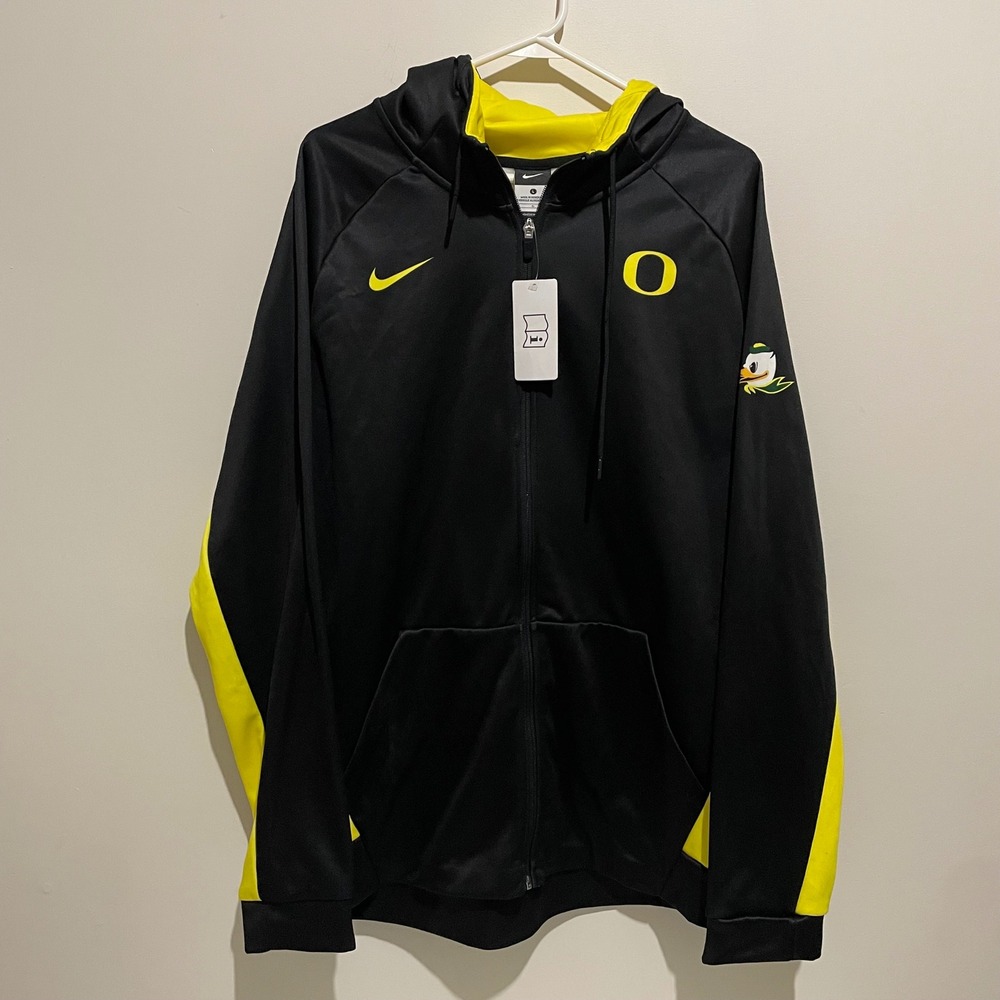 Nike Oregon Ducks Full Zip Hoodie Mens Large Black Yellow Puddles Mascot NWT